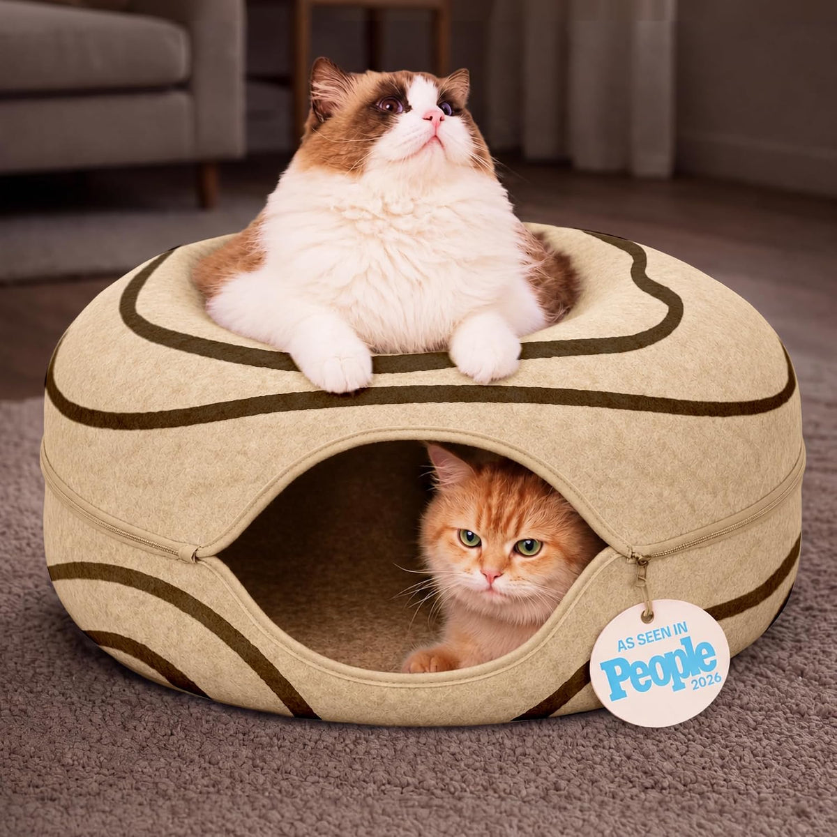 Peekaboo Cat Cave Donut - Cat Tunnel Bed for Indoor Cats – Cute Patterns Hideaway for Multiple & Large Cats, Scratch-Resistant
