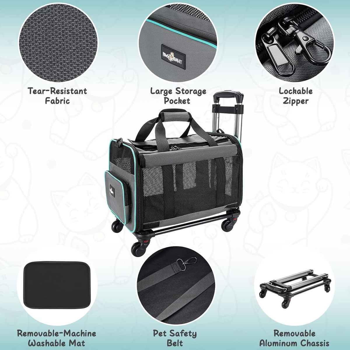 Paw Ballet Pet Carrier with Wheels, Durable Airline Approved Cat Crate, Foldable Rolling Dog Carrier, Rolling Bag for Cat &Dog, Use for Travel, Outdoor, Vet Visits, Camping, Indoor.