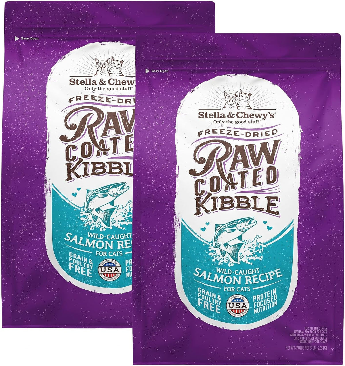 Stella & Chewy's Raw Coated Cat Food - High Protein, Grain-Free Kibble with Wild-Caught Salmon - Premium Digestive Support with Probiotics - Natural Small Kibble - Perfect for Picky Eaters - 5 lb Bag