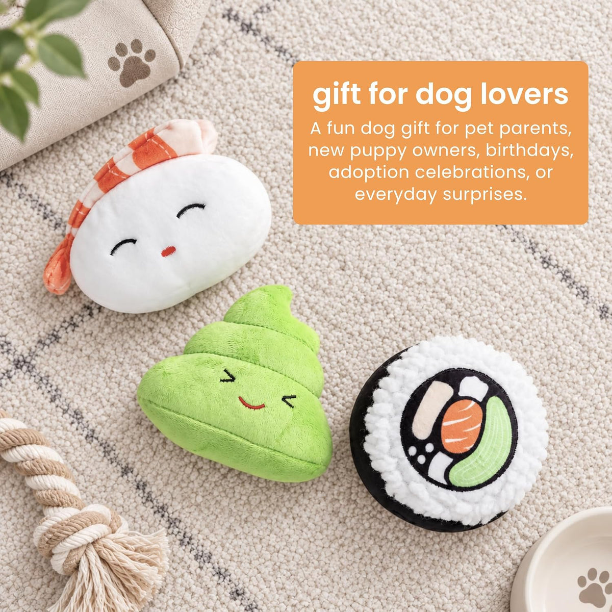 Pearhead Sushi Plush Squeaky Dog Toys, Gift Set