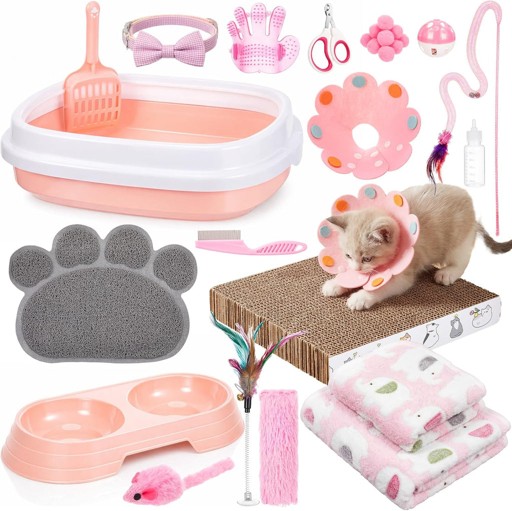 Leitee 28 Pcs Cat Starter Kit with Litter Box Scratcher Toys Bowls, Pink