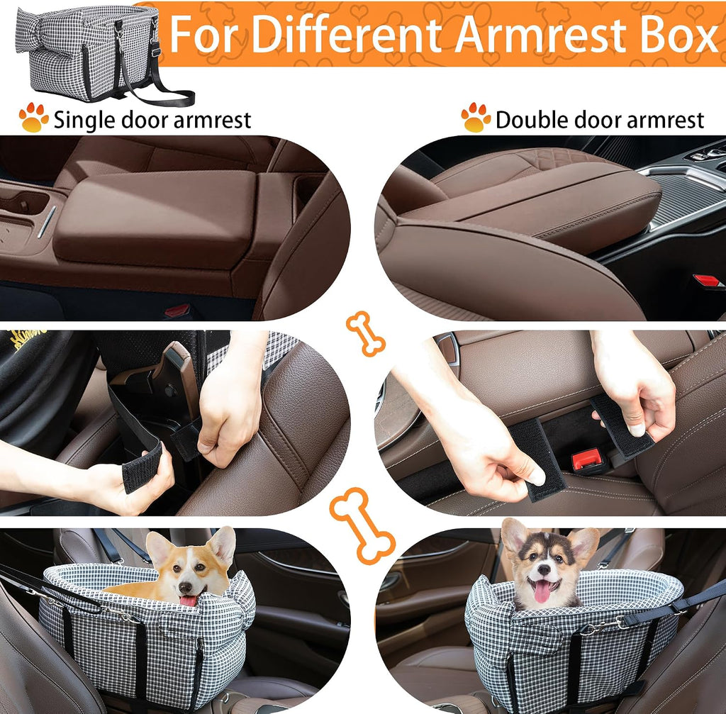 Center Console Dog Car Seat Dog Bed for Car Console Portable Armrest Booster Seat Carrier for Small Medium Dogs Anti-Collapse for Puppy Pet Up to 15 Lbs（Grid Black）