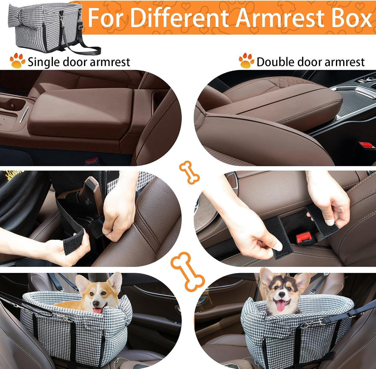 Center Console Dog Car Seat Dog Bed for Car Console Portable Armrest Booster Seat Carrier for Small Medium Dogs Anti-Collapse for Puppy Pet Up to 15 Lbs（Grid Black）