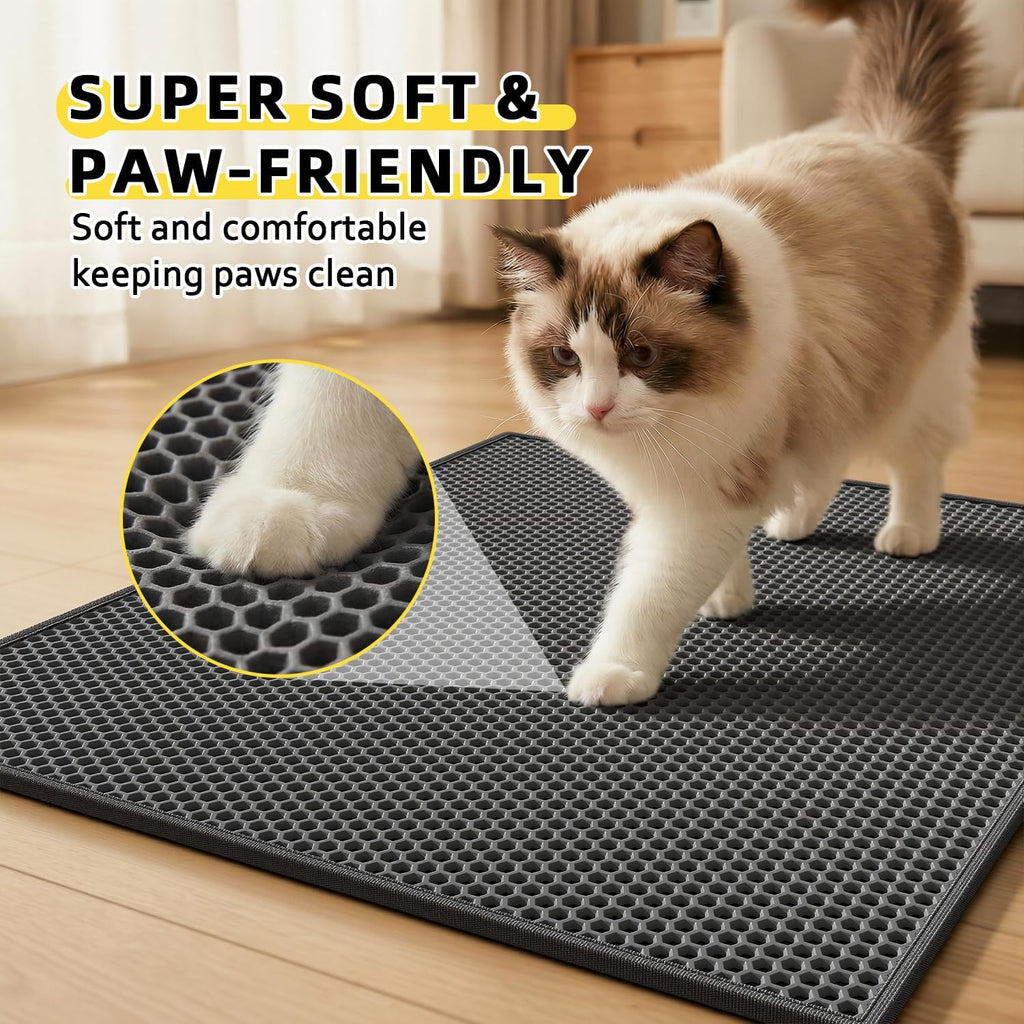 Cat Litter Mat, 30"x24", Waterproof, Easy to Clean (Black-1Pack) | Double-Layer Honeycomb for Effective Litter Trapping, Premium Durable EVA, Non-Slip, Paw-Friendly Soft Surface