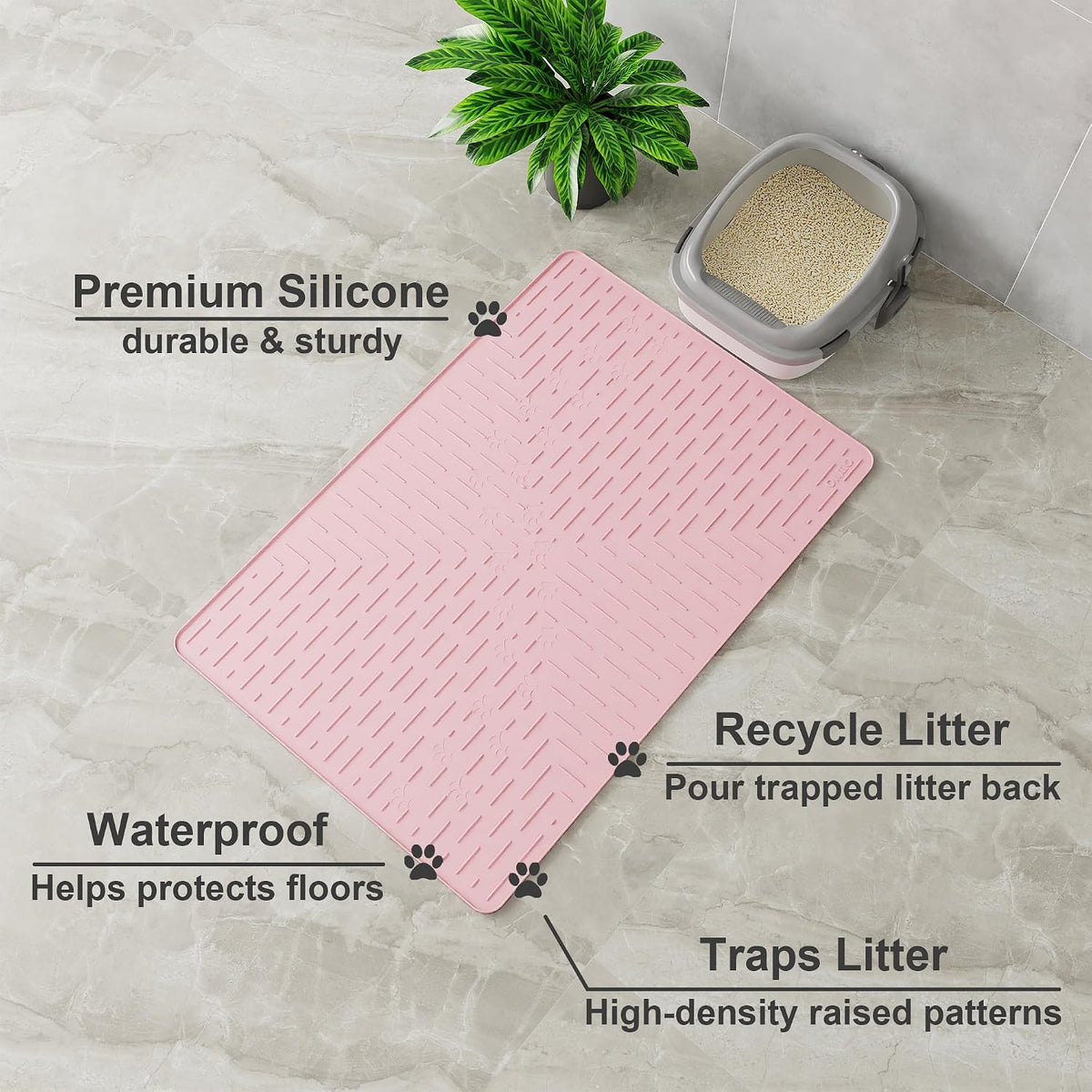 OHMO XL Cat Litter Mat, 37.5x25.2 Silicone Trapping Mat Pink | for Kitty Litter Box, Easy Clean, BPA Free Rubber, Center Litter Collection, Easy Pour-Back, Waterproof, Odor-Resistant