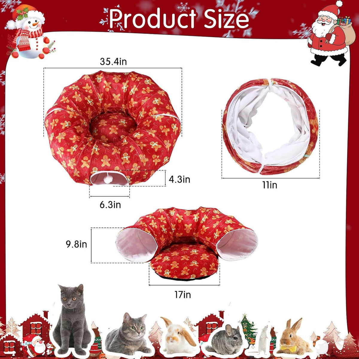 Cinnvoice Christmas Cat Tunnel Bed Fluffy Circular Dog Bed for Christmas Tree Warm Gingerbread Man Cat Cave with Hanging Ball Big Tube Playground Pet Toys for Indoor Kitten Puppy Rabbit Ferret
