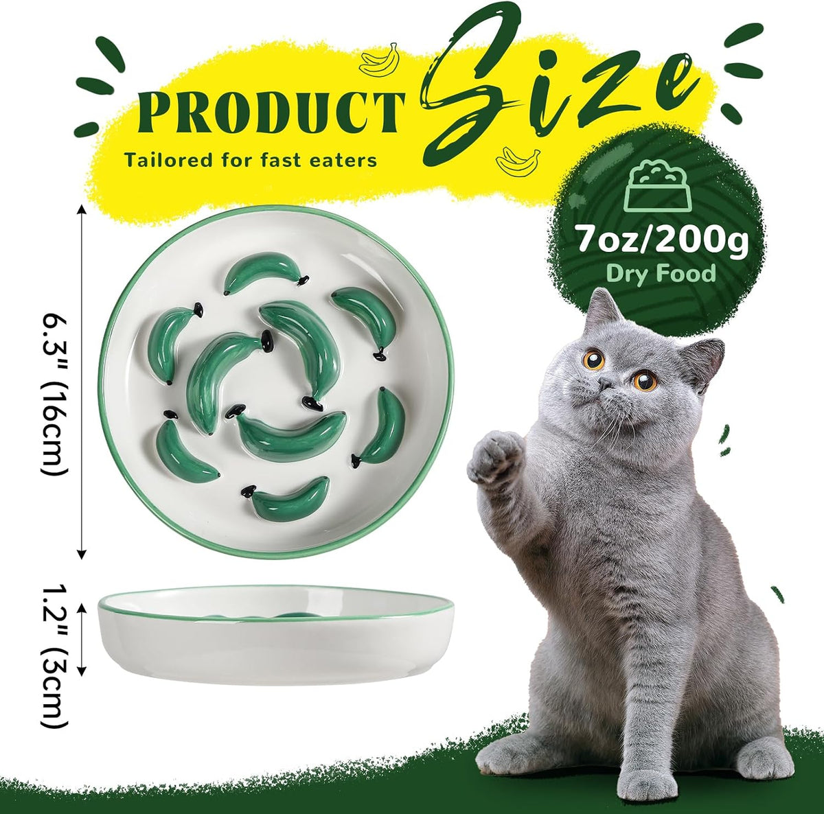 Ceramic Slow Feeder Cat Bowl, 6.3'' Wide Whisker Friendly Cat Puzzle Feeder | Slow Eating 5x, Anti Vomit Shallow Slow Eating Cat Dish for Dry and Wet Food, Contrasting Colors, 6.3" X 1.2"