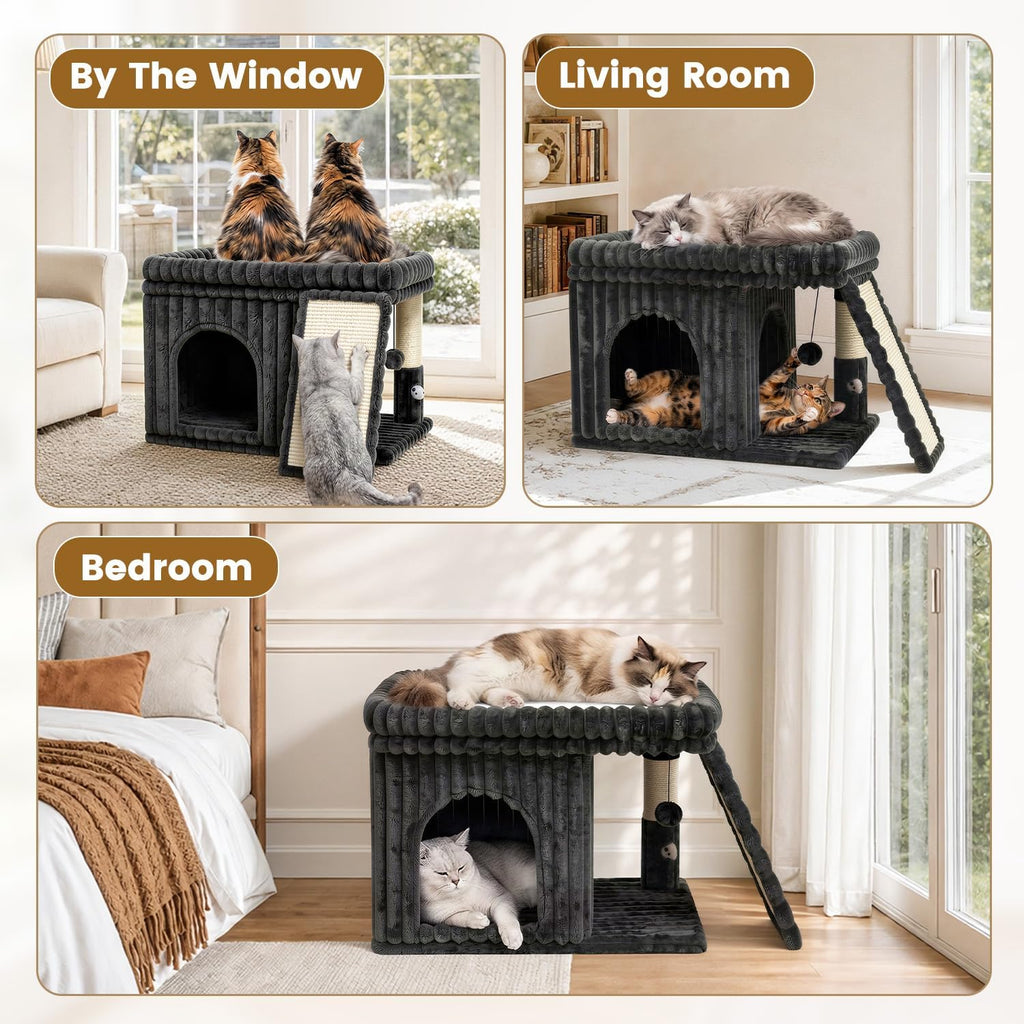 Cat Tree Tower with Scratching Post for Large Kitty, Gray Ribbed