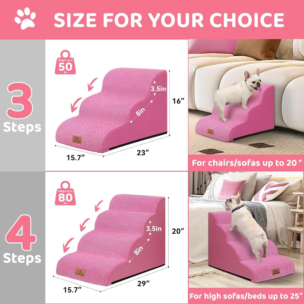 Zerbuger Dog Ramp and Stairs for Bed, Pink 4 Steps 20" H, Nonslip Cover