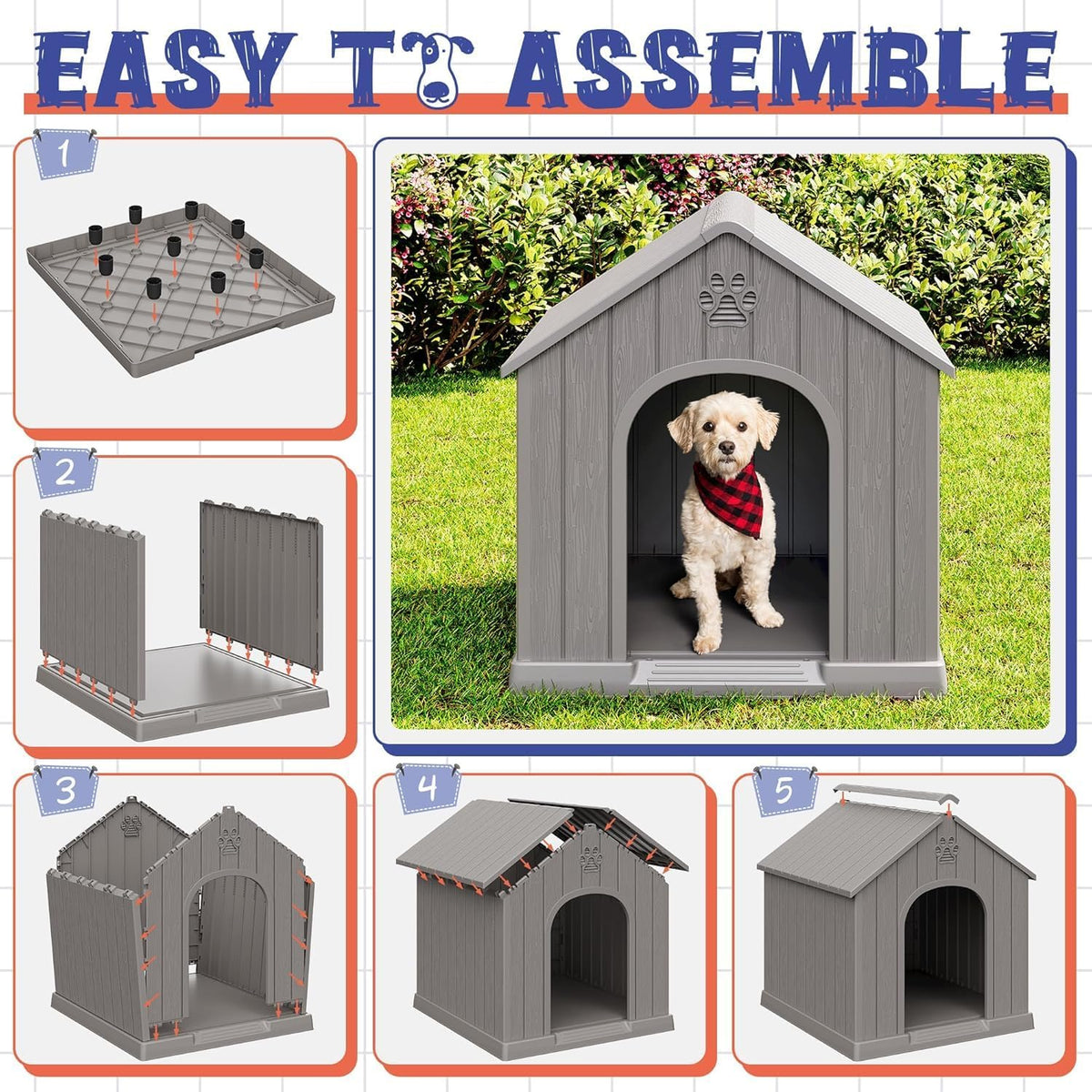 Bifanuo Outdoor Indoor Dog House for Small & Medium Dogs - Weatherproof Shelter with Elevated Floor, Hidden Vents & Tool-Free Assembly (Classic Grey, 26" L x 23.6" W x 25.8" H)