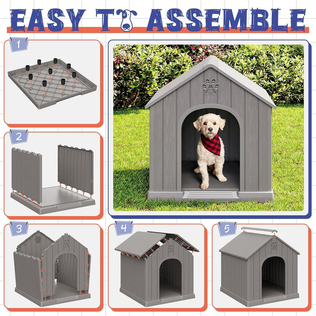 Bifanuo Dog House Outdoor Indoor, Plastic Small Dog House-Weatherproof Design with Air Vents & Elevated Floor for Small to Medium Dogs, Easy Clean and Assemble (Grey, 26" L x 23.6" W x 25.8" H)