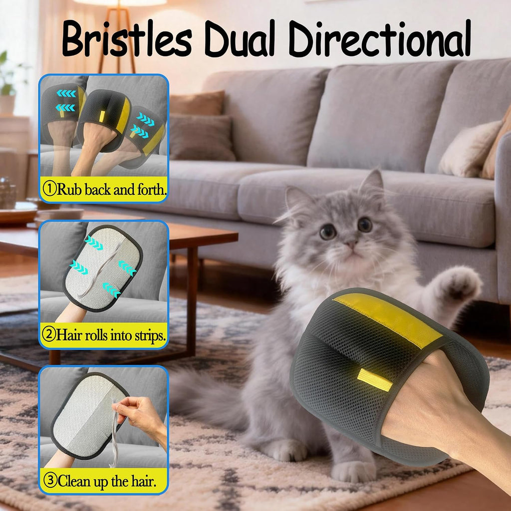 Electrostatic Pet Hair Removal Glove for Cats & Dogs, Reusable Magic Brush for Furniture & Clothes, Cat & Dog Fur Remover Tool (Black-Yellow Medium 2-Pack)
