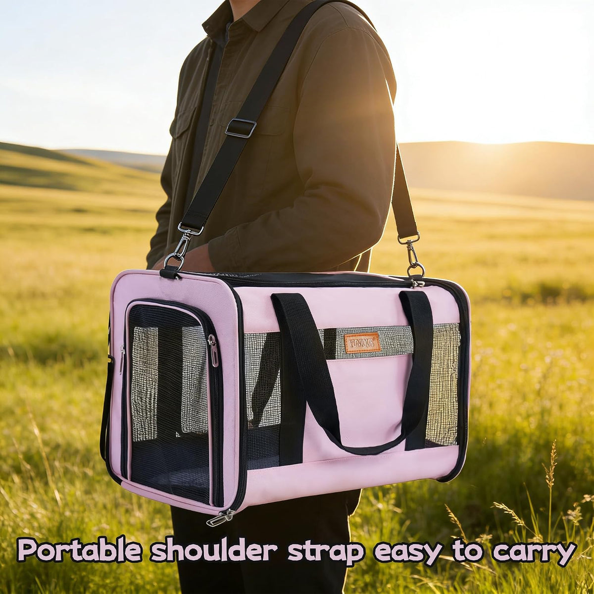 YUNIQUE Soft-Sided Cat & Dog Carrier for Pets Up to 15 Lbs, Airline Approved Collapsible Travel Puppy Carrier with Lightweight Fabric Design (Pink)