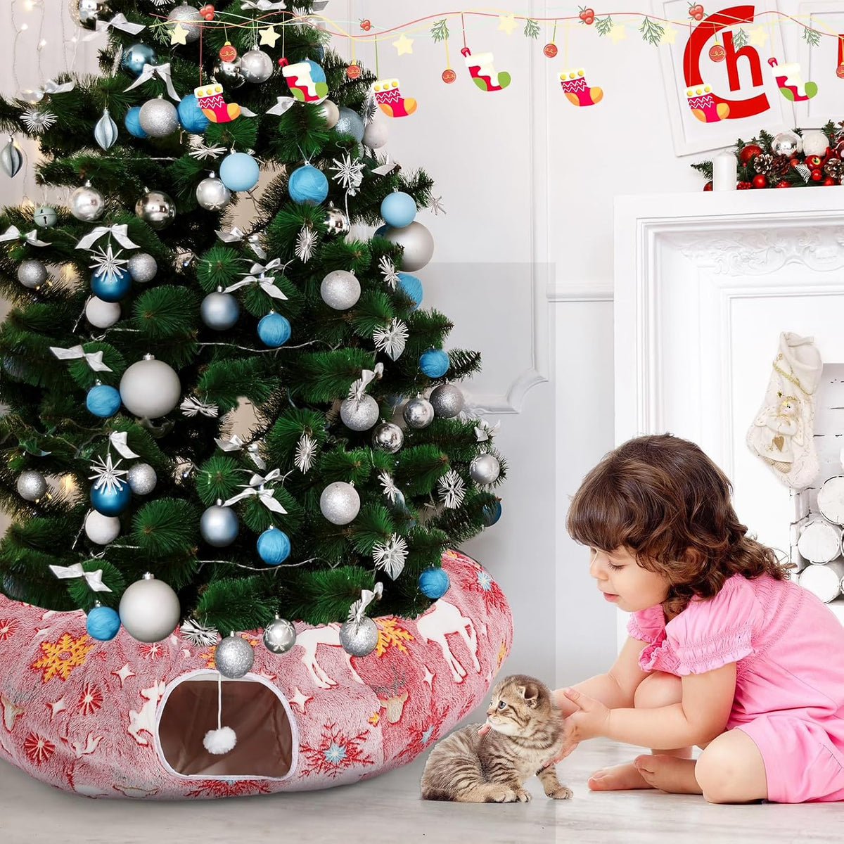 Cat Tunnel Christmas Tree Skirt 3 ft x 3 ft x 10 Inch Cat Bed Donut Cave Indoor Fluffy Circular with Mat and Ball Playground Toys for Festive Kitten Puppy Ferret Rabbit(Red,Elk)