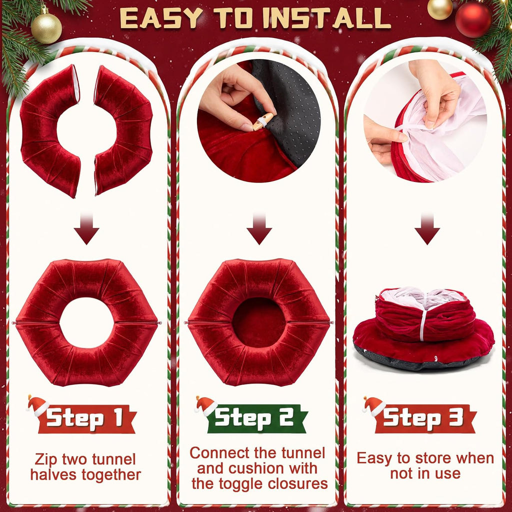 Thyle Christmas Cat Tunnel Bed, Burgundy, 2.4ft X 2.4ft X 11.8in, Velvet