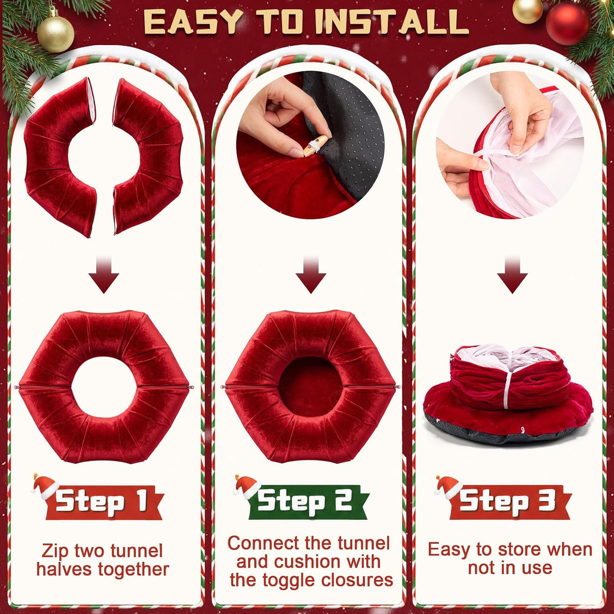 Thyle Christmas Cat Tunnel Bed, Burgundy, 2.4ft X 2.4ft X 11.8in, Velvet