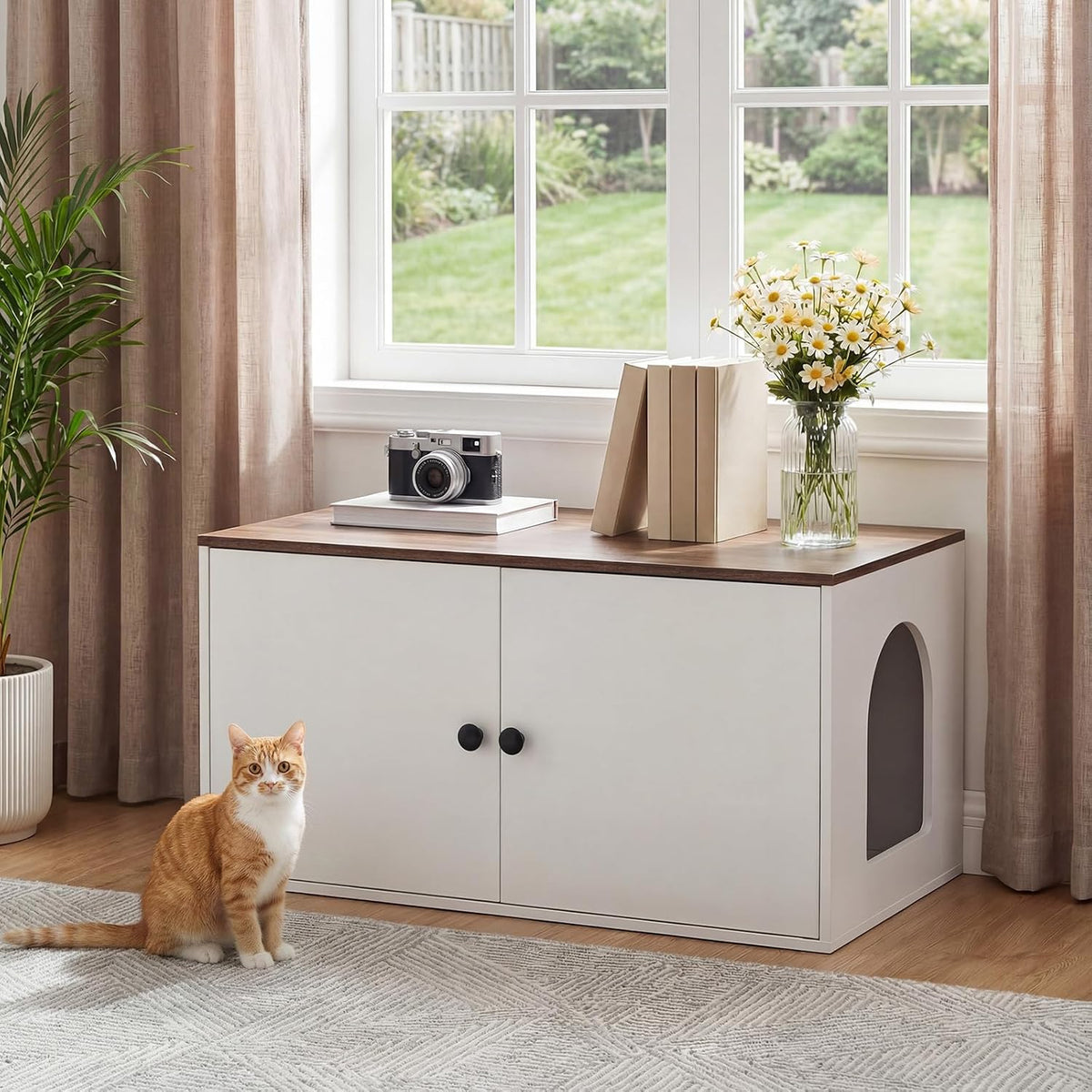 HOOBRO Cat Litter Box Enclosure, Hidden Litter Box Furniture with Side Entry, Litter Box Cabinet, Indoor Cat House, End Side Table, 31.5" L x 17.7" W x 16.3H, for Bathroom, White and Walnut WH40MW01