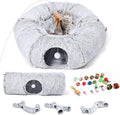 Cat Tunnels Bed with 1 Straight Tunnel and 20 Pet Toys - 5 Shapes DIY Indoor Cats Cave - Detachable Soft Cat Donut for Kitten Puppy Rabbit Ferret