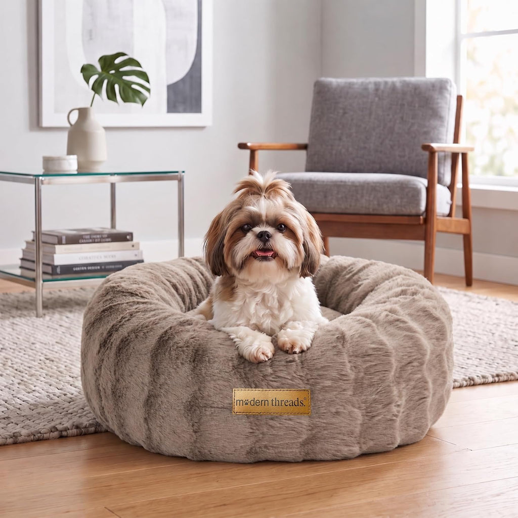 Modern Threads Calming Donut Dog Bed for Small Dogs, Plush Round Faux Fur Pet Bed with Raised Bolster, Soft Washable Dog Bed, 24x24x9, Taupe