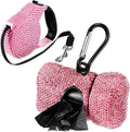 LEIFIDE 2 Pack Rhinestone Retractable Dog Leash and Bag Holder Set Pink Bling Bone Shaped Pet Waste Bags Dispenser with Metal Clip Heavy Duty Dog Leash for Most Puppy