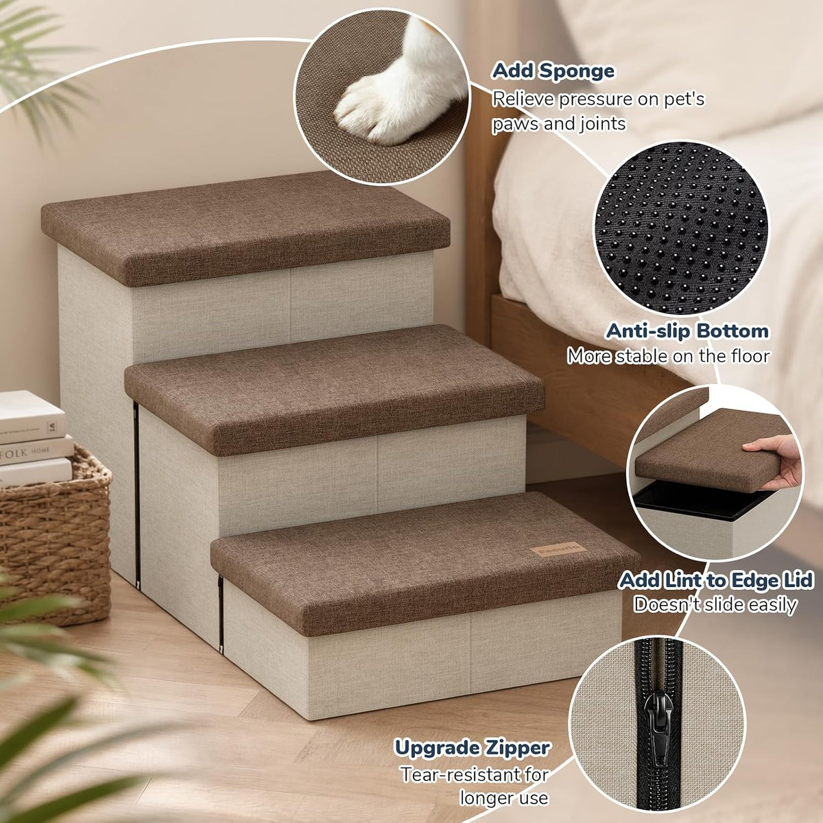 3-Step Wide Dog Stairs with Hidden Storage 18" H, Non-Slip Dog Steps for High Bed Couch Car, Jiont-Friendly Pet Stairs Ramp for Small/Medium/Large Old Dogs Cats Up to 220lbs, Beige&Coffee Lid