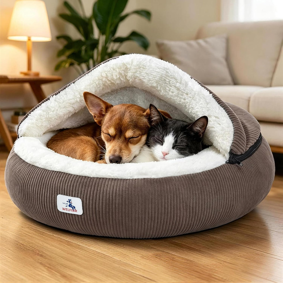 Calming Cozy Dog Cave Cover Bed, Burrow Small Doggy Anti Anxiety
