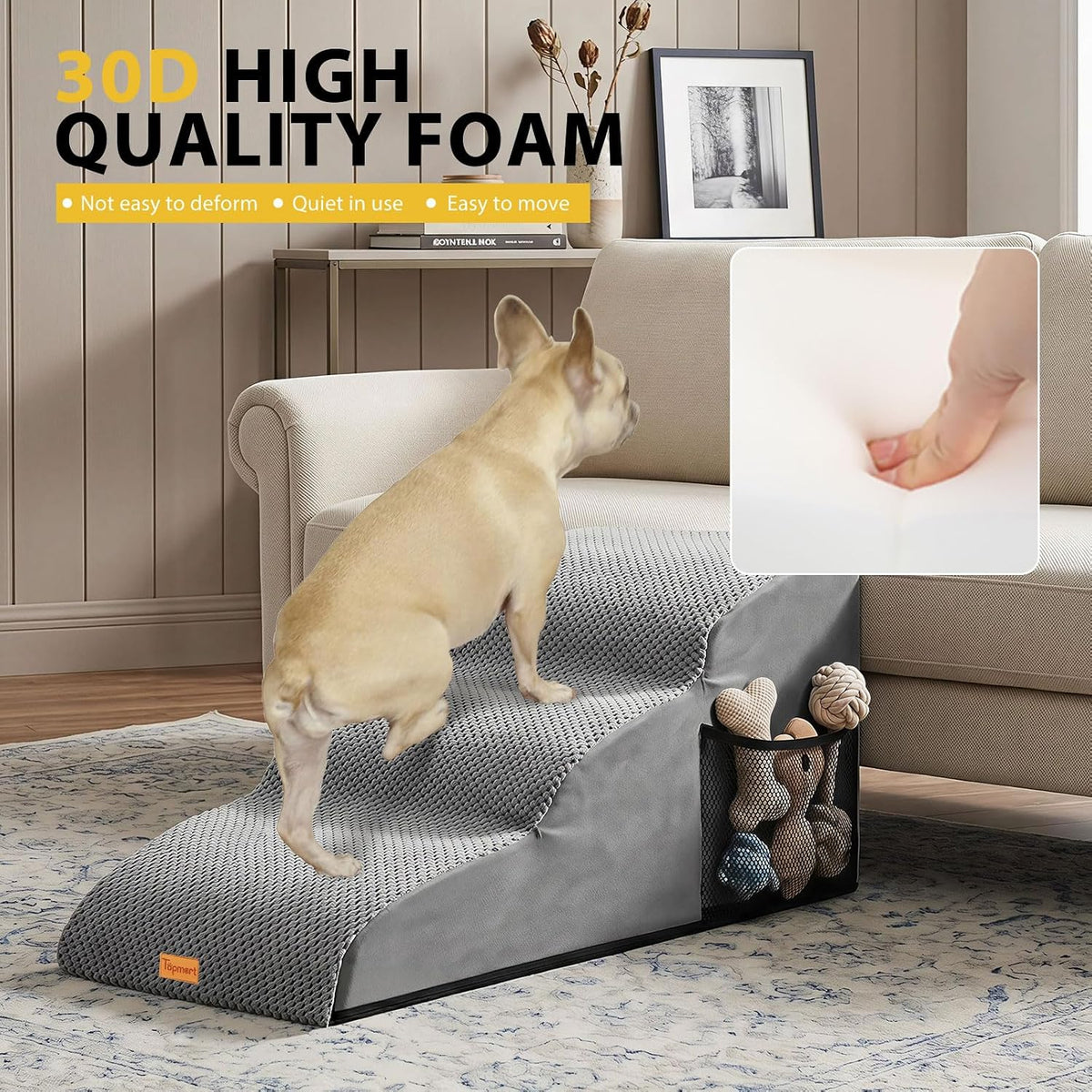 Dog Stairs for Small Dogs, Extended 3-Step Foam Pet Ramp for Bed Couch