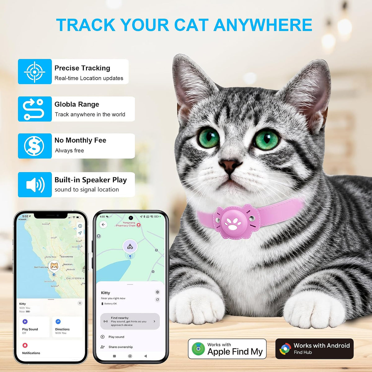 2-in-1 GPS Tracker for Cats: Smart Pet Collar with Real-Time Tracking,No Monthly Fee/Subscription (iOS & Android) Waterproof, Anti-Lost,365-Day Long Battery Life GPS Tracker Cat Collar (Pink)