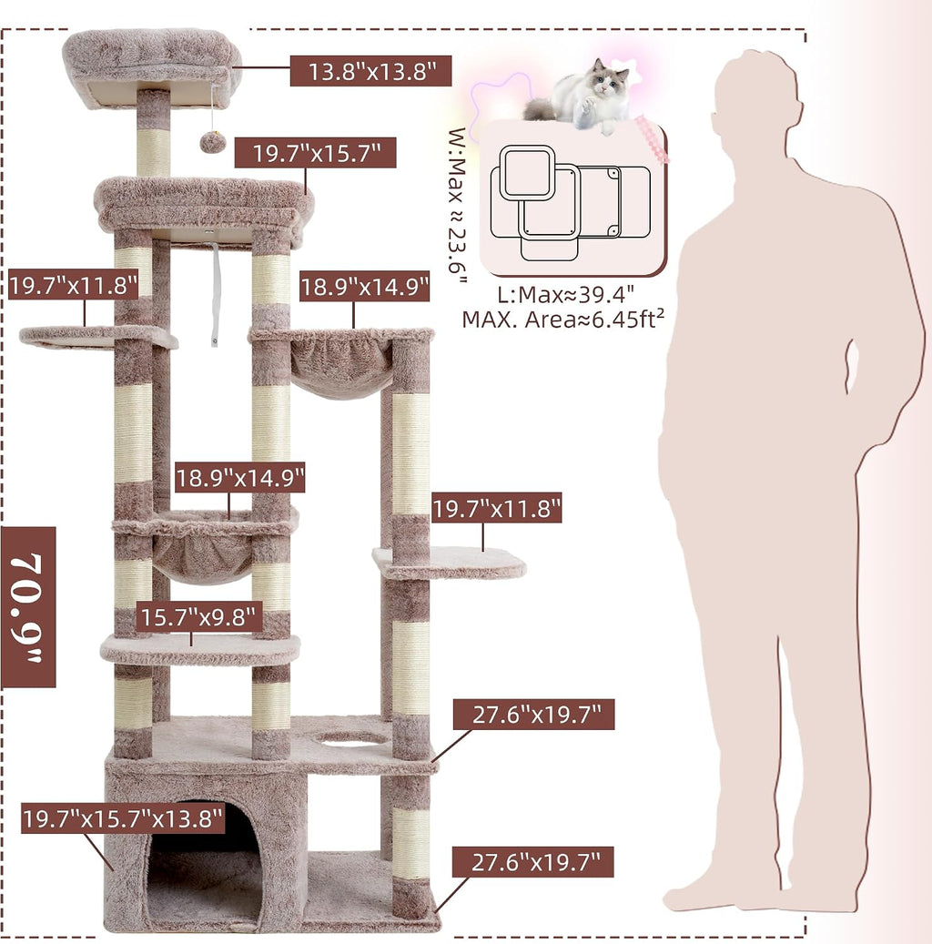 Heybly Cat Tree, 71-Inch Tall Cat Tower for Large Maine Coon Cats HCT037MU