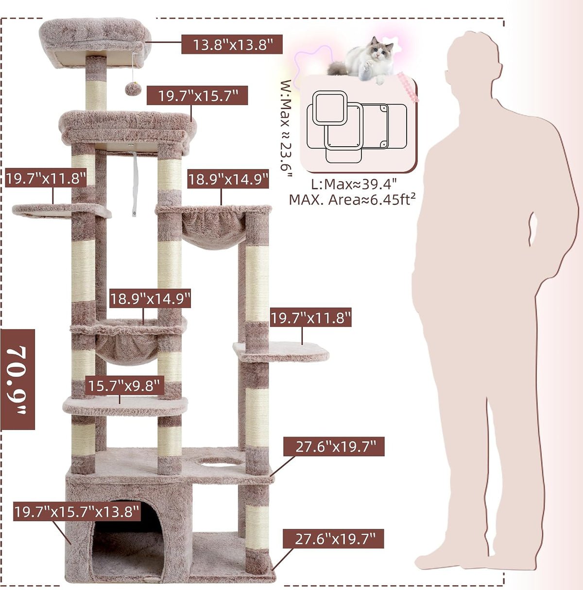 Heybly Cat Tree, 71-Inch Tall Cat Tower for Large Maine Coon Cats HCT037MU