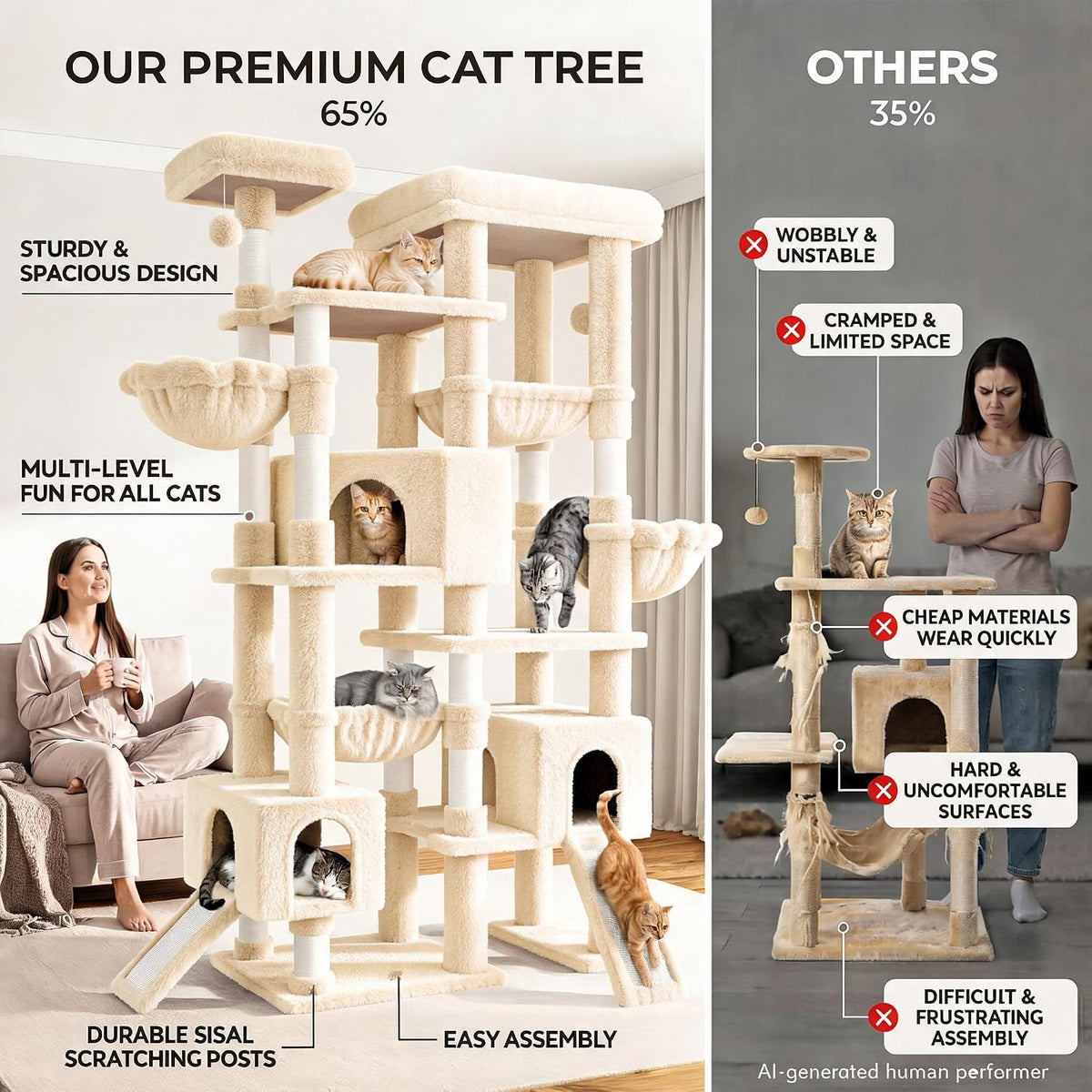 SHA CERLIN 87 in Multi-Level Tall Cat Tree Tower for Large Cats/Extra Wide Feline Activity Center/Sisal Scratching Posts/Wide Base/Cozy Plush Perches/Baskets/Hammocks/Toy Balls/Beige