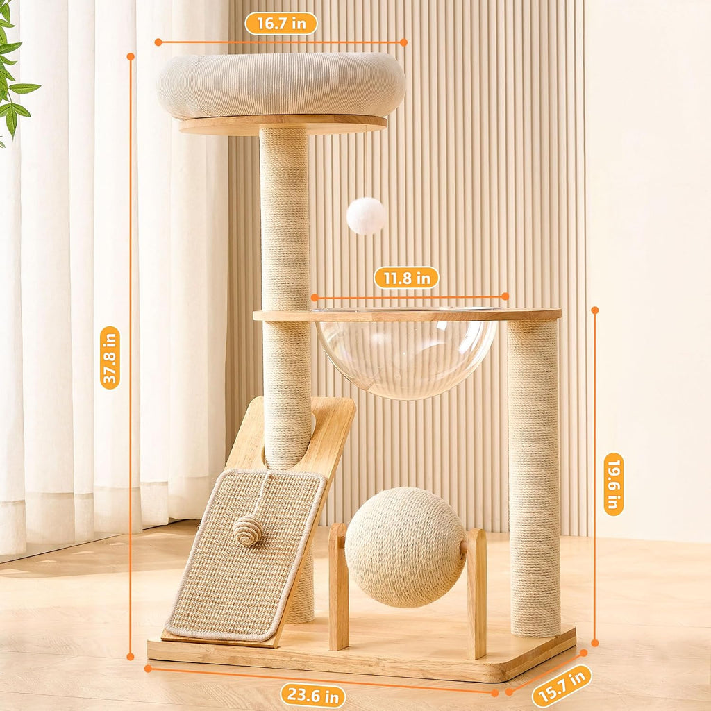 HITTITE Solid Wood Cat Tree Tower with Scratching Post, 37.8 Inches Tall Cat Towers with Scratching Board and Scratcher Ball, Modern Cat Tower With Space Capsule and Removable Top Bed for Indoor Cats.