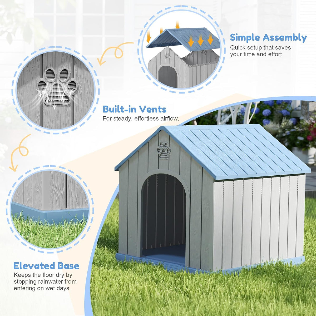 Fancyango Dog House Outdoor Indoor for Small Medium Dogs, Sturdy Plastic Waterproof Doghouse with Air Vents and Elevated Floor, Easy Clean and Assemble (Blue, 26.18''L × 24.02''W × 25.98''H)