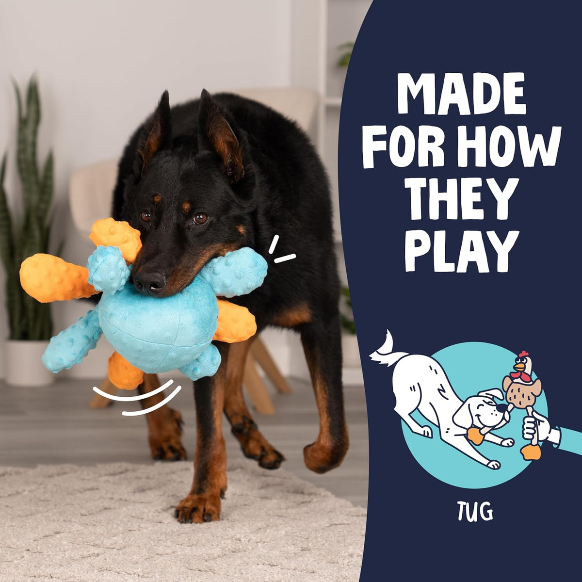 goDog Crazy Tugs Octopus Squeaky Plush Tug Dog Toy with Chew Guard Technology, Durable Fabric & Squeaker for Active Play, Multi Color, Large