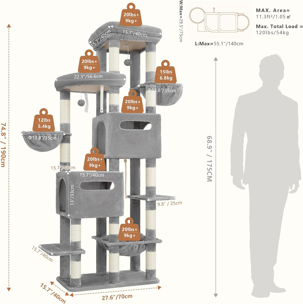 Heybly Cat Tree, 74.8-Inch Spacious & Tall Cat Tower for Large Cats HCT062W