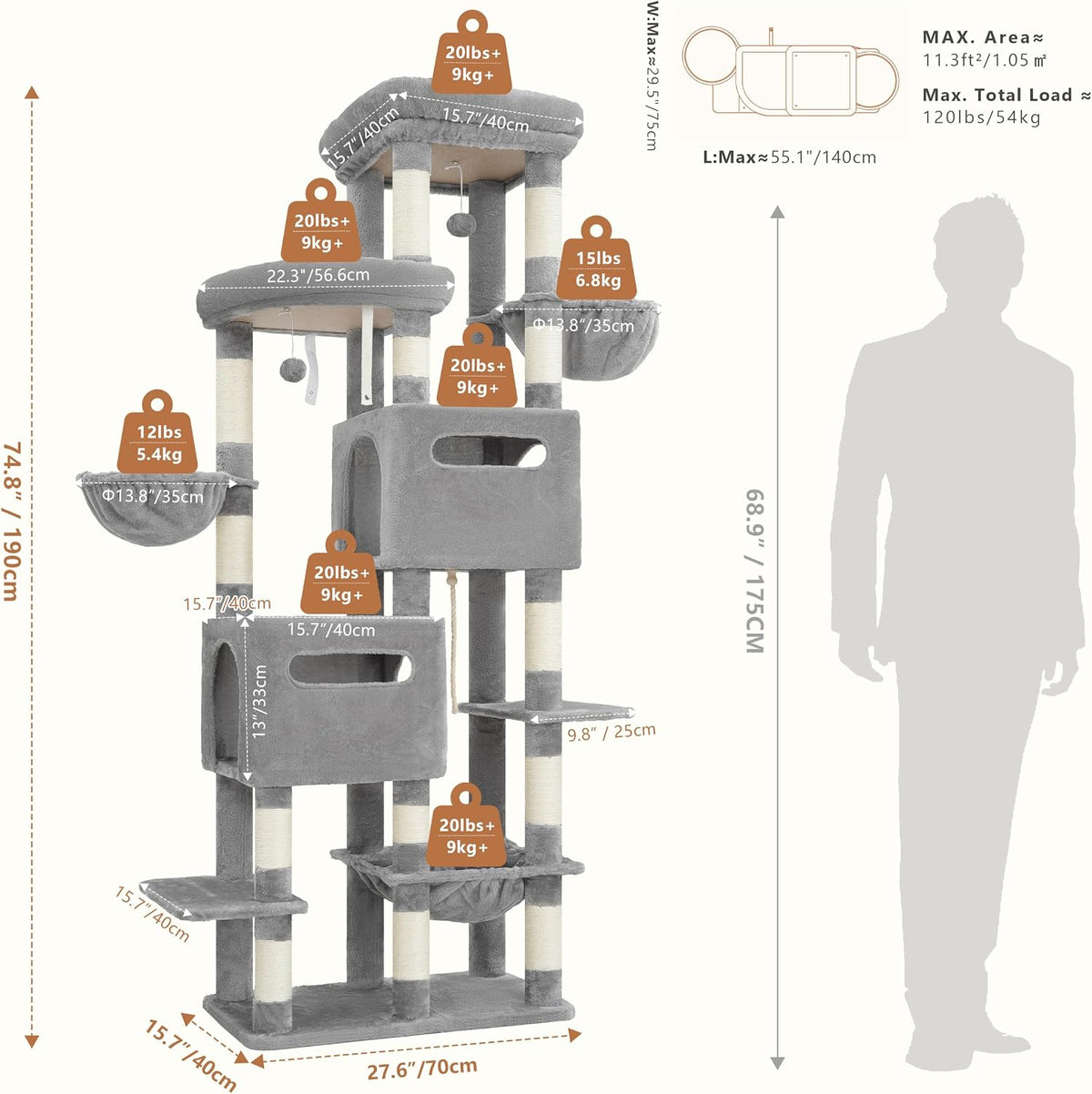 Heybly Cat Tree, 74.8-Inch Spacious & Tall Cat Tower for Large Cats HCT062W