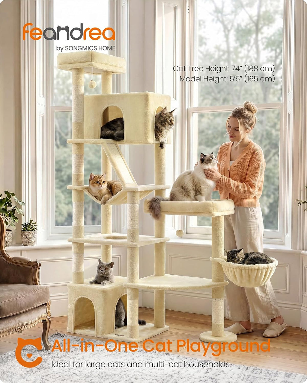 Feandrea Cat Tree, 74.1" Heavy Duty Cat Tower Condo for Indoors, Beige