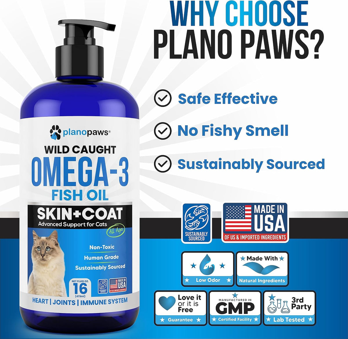 Omega 3 Fish Oil for Cats - Wild Caught, Skin and Coat, 16 fl oz Liquid