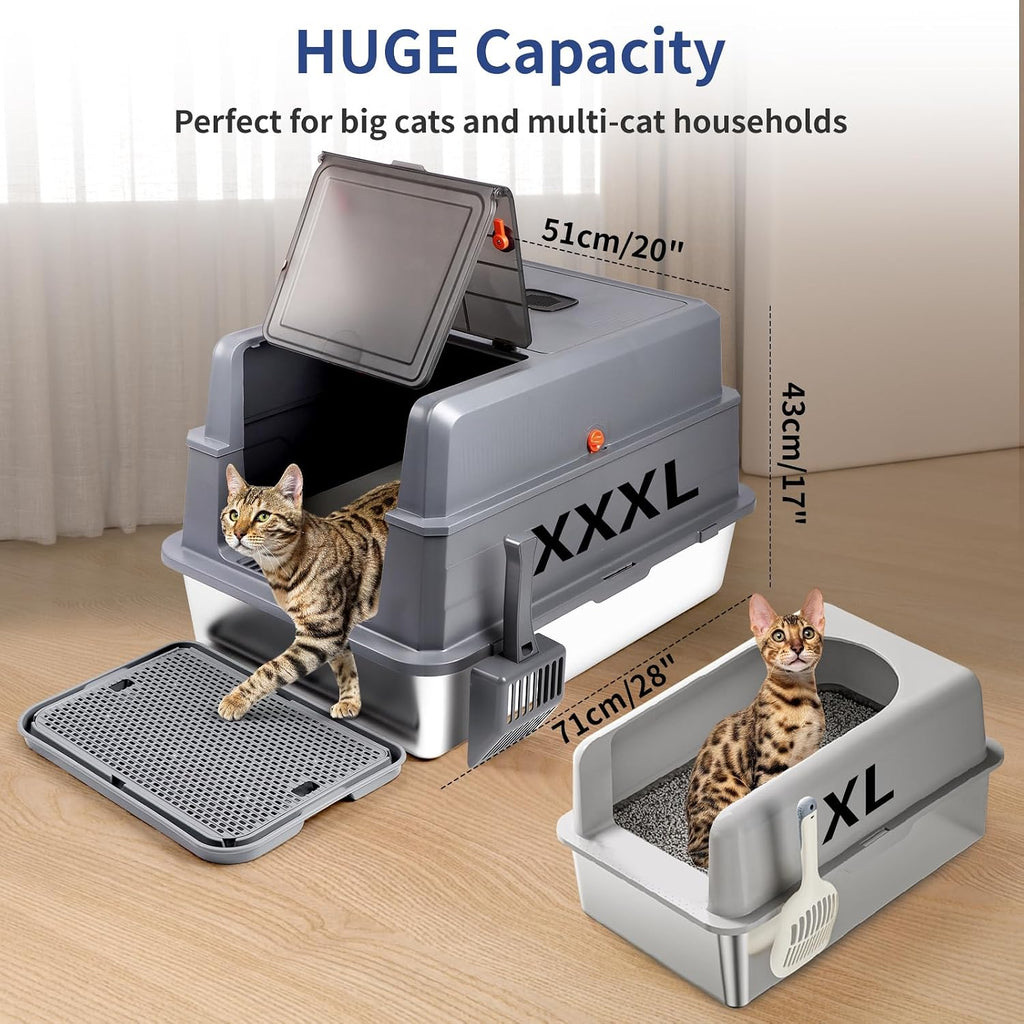XXXL Stainless Steel Litter Box with Lid 28"x20"x17" Cat Box, Dark Grey | Extra Large Enclosed Litter Box for Big Cats, High Sided Metal Cat Litter Box with Litter Scoop, Cat Step, Odor Control
