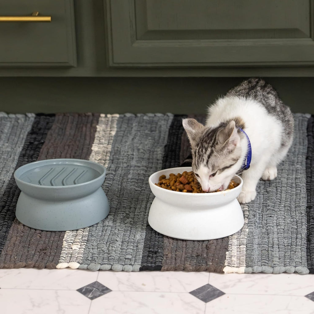 Kitty City Elevated Slow Feeder Cat Bowls (Set of 2), Whisker-Friendly Raised Cat Food Dishes with Ridges, Helps Reduce Fast Eating & Digestion Issues, Dishwasher Safe, 6.5 oz – White & Gray