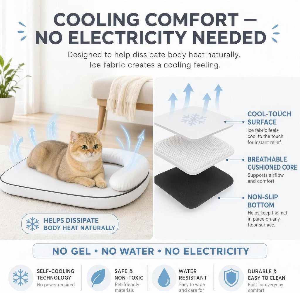 Nona Pelona Self Cooling Cat Mat with Headrest Pillow, 20 x 16 Inch – Cool-Touch Ice Fabric Pad for Cats and Small Dogs – No Gel, No Water, Washable Cover, Anti-Slip Base