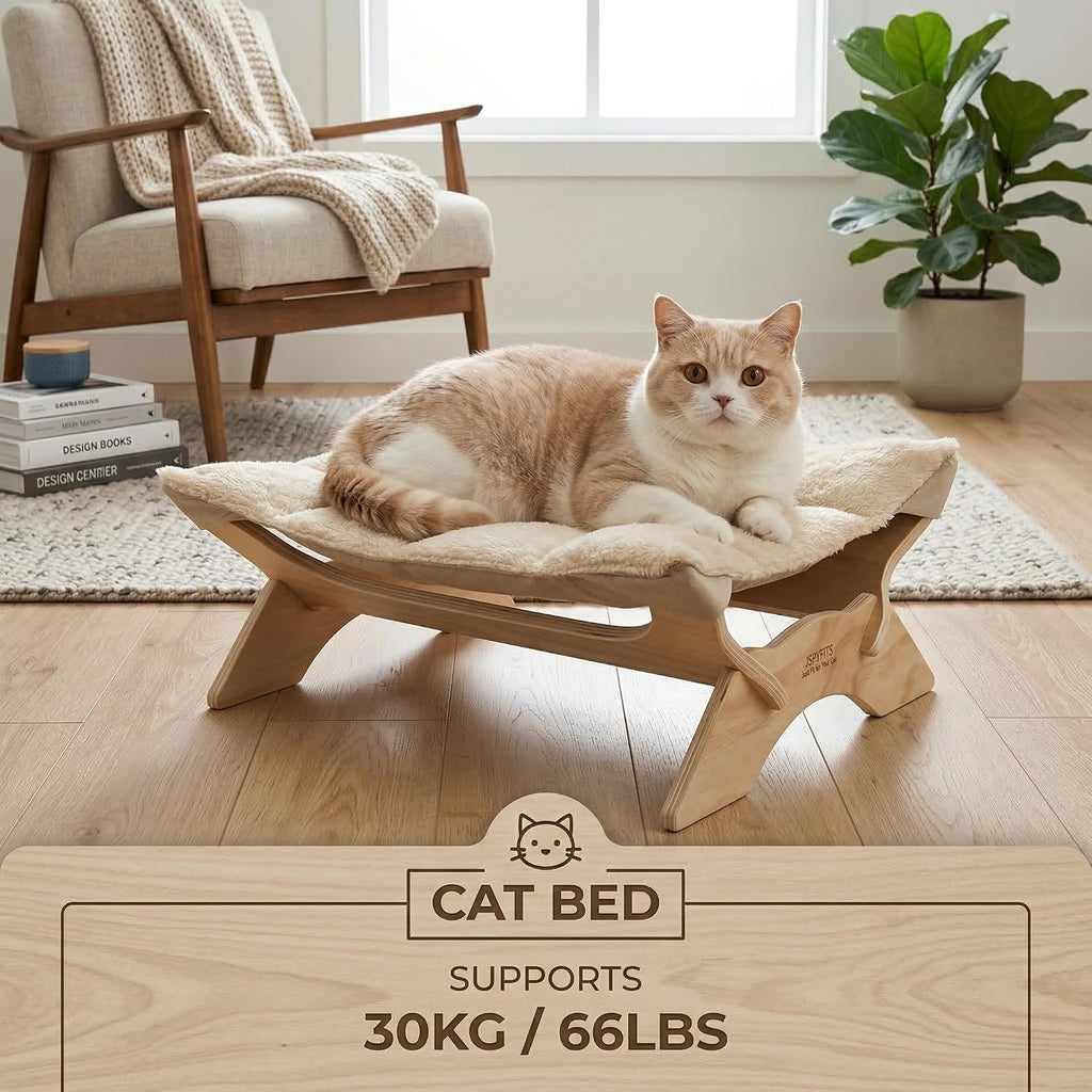 JSPYFITS Elevated Cat Bed Hammock, Raised Cat Bed with Dual-Sided Plush & Linen Cushion, Machine Washable & Breathable Cover Tool Free Easy Assembly, up to 66Lbs (Beige)