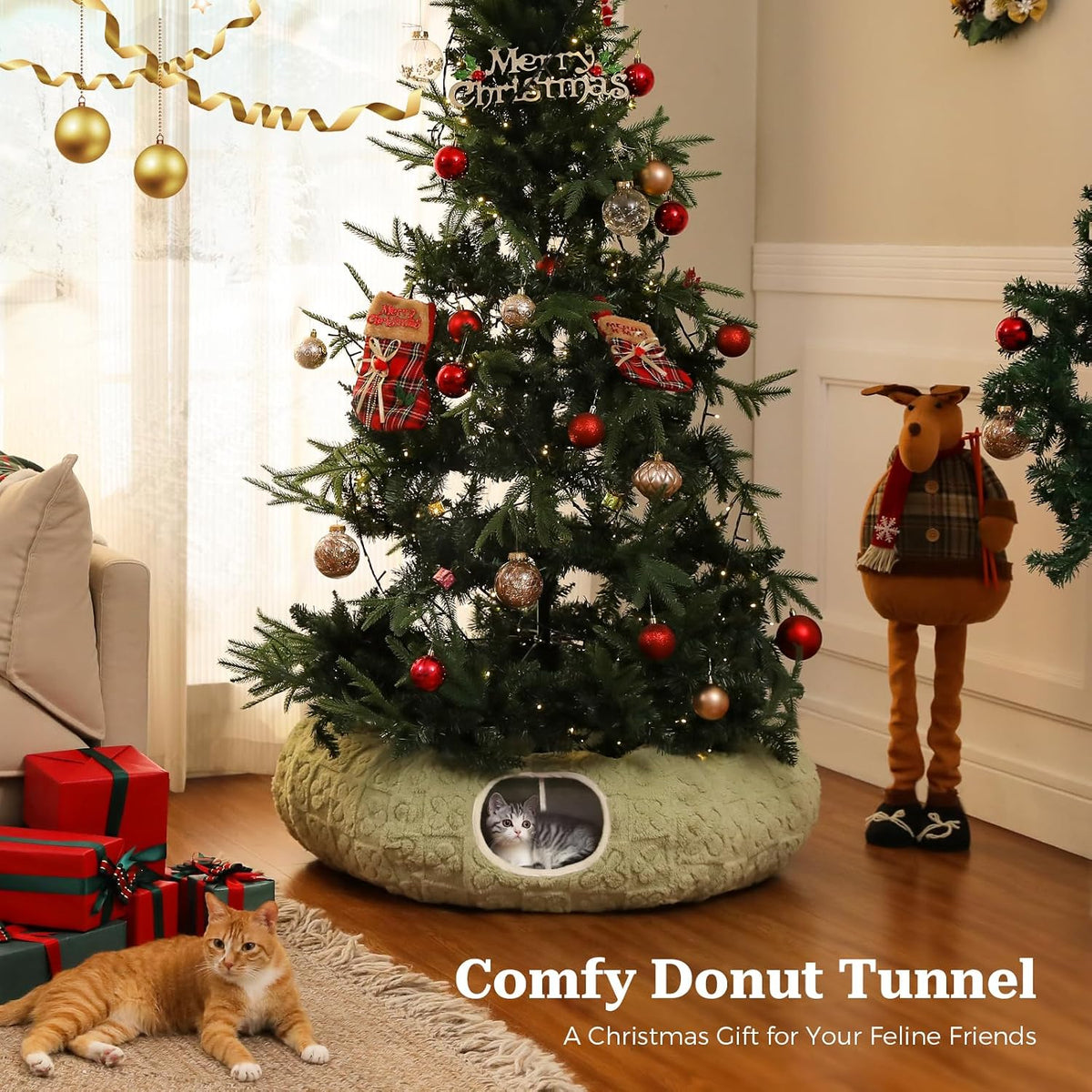 PEQULTI Green Donut Cat Tunnel Bed Washable Plush Mat for Multi Small Pets