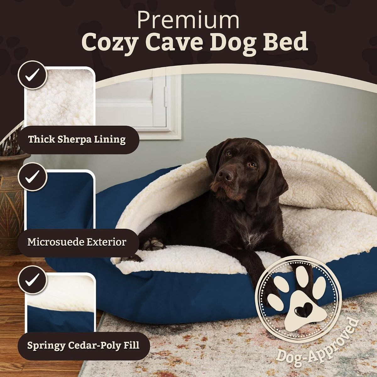 Snoozer Rectangle Cozy Cave Dog Bed, Hooded Dog Bed, Sapphire (S)