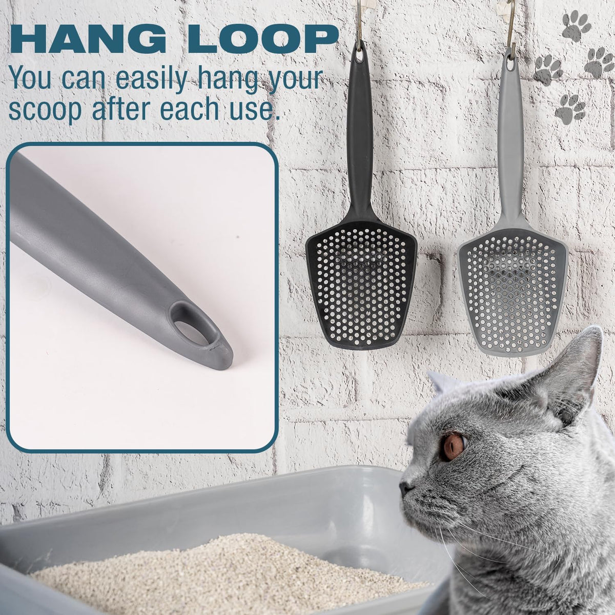 Set of 2 Cat Litter Scoop with Small Holes for Fine Litter, Hanging Handle Deep Reptile Terrarium Sand Sifter, Poop Scooper Rabbit Pooper Lifter Kitten Sifting Shovel (Black, Set of 2)