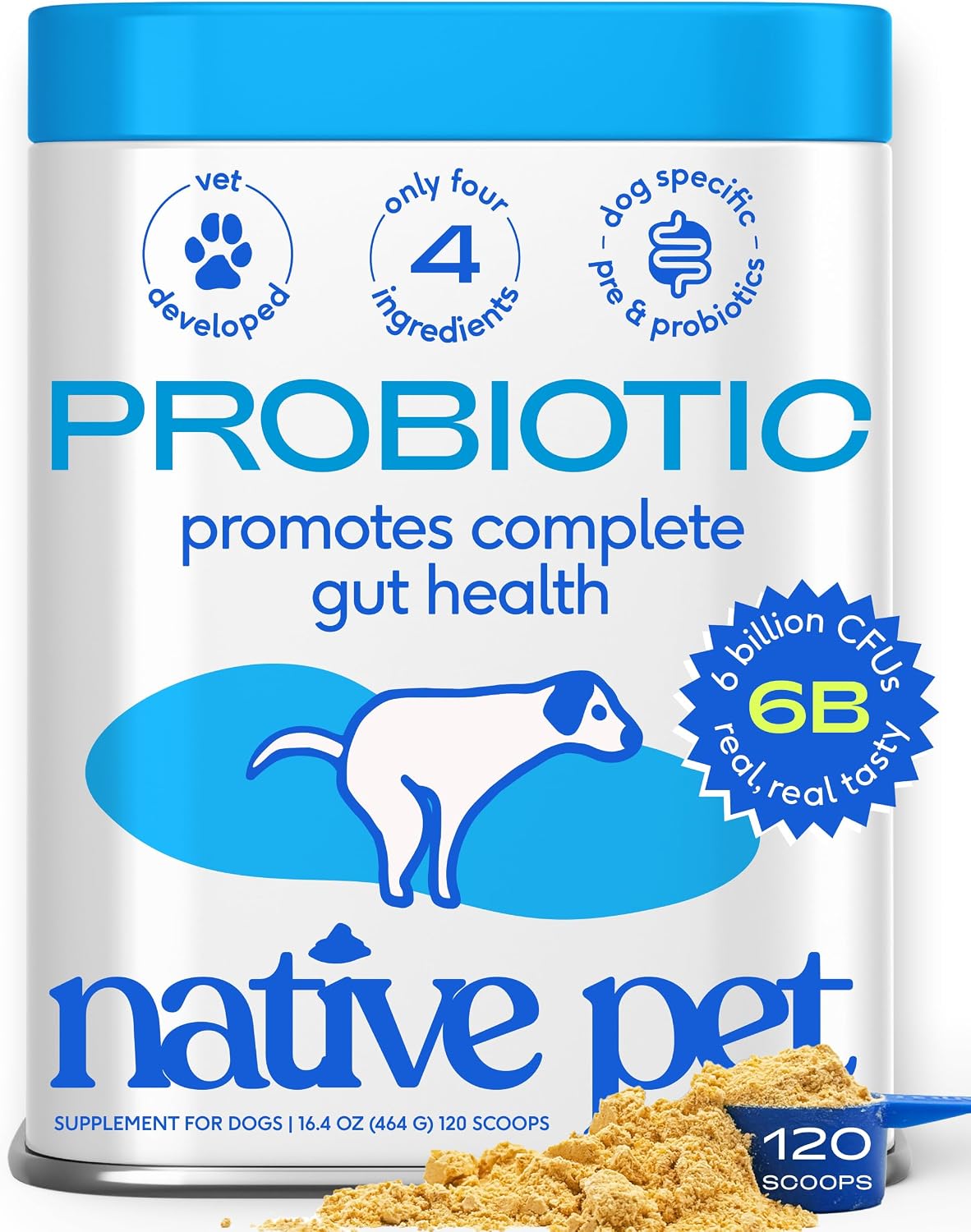 Native Pet Probiotics for Dogs – Dog Probiotic Powder for Gut & Digestive Health, Vet-Formulated 6B CFUs Dog-Specific Probiotic Strains, Supports Stool Quality & Diet Transitions – 120 Scoops