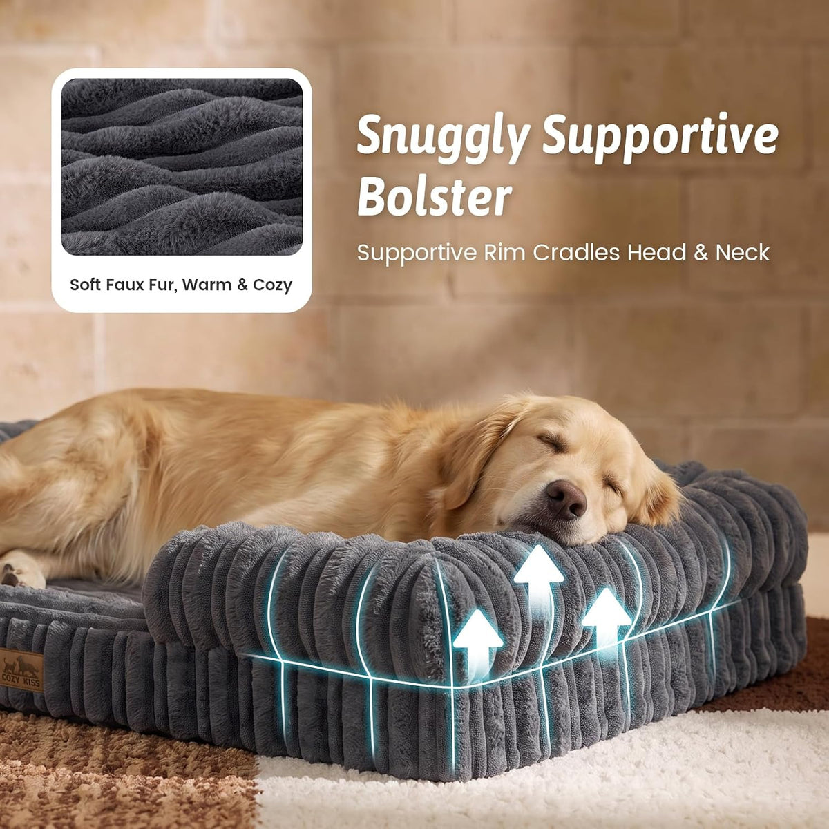 COZY KISS Orthopedic Warming Dog Beds Large Sized Dog, 36“, L, Dark Gray