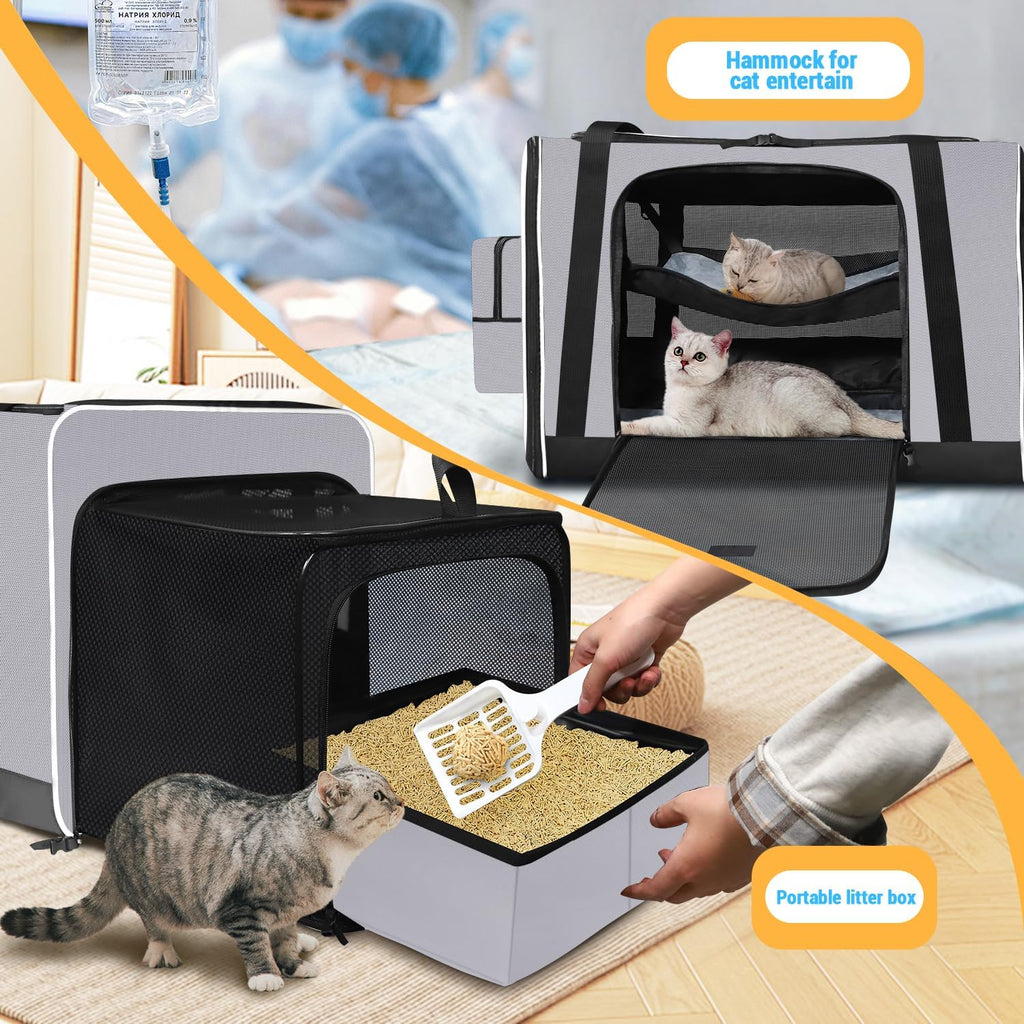 Petskd Side Expandable Extra Large Cat Carrier with Litter Box, Grey