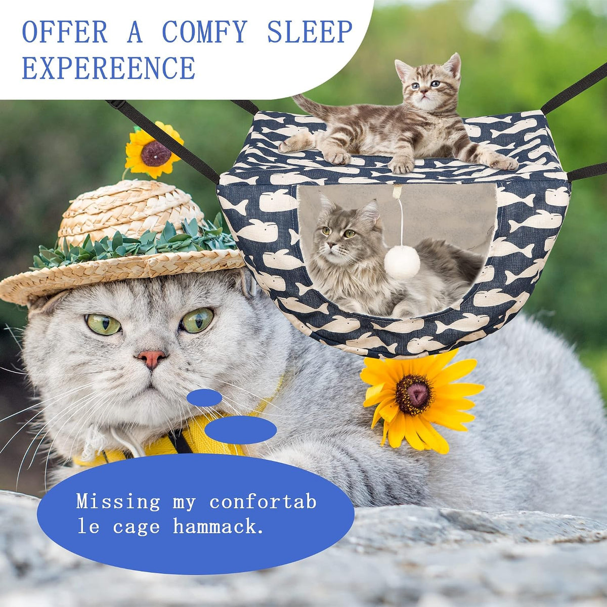 JSPYFITS Cat Cage Hammock with Ball,Double Layer Hanging Adjustable Soft Pet Bed Suit for Kitten Ferret Puppy Rabbit or Small Pet, 2 Level Indoor Bed for All Season(Blue Whale)