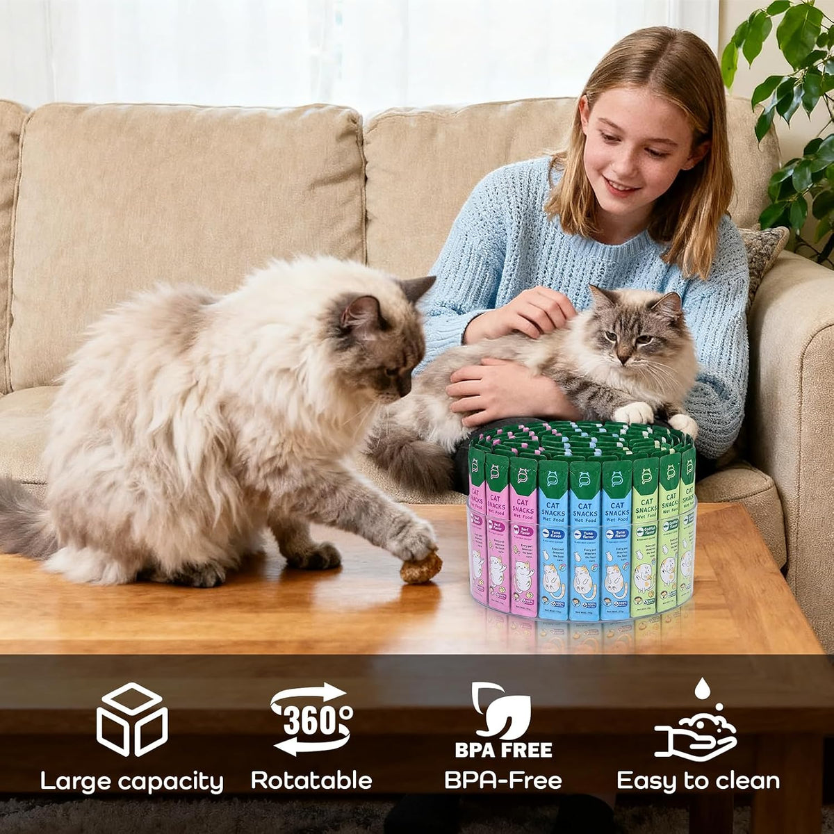 Lickable Cat Treats Organizer, 9 inches Lazy Susan Acrylic Squeeze Up Cat Food Storage Container, Wet Cat Treats Storage for Kitchen Cabinet Pantry Shelf Countertop